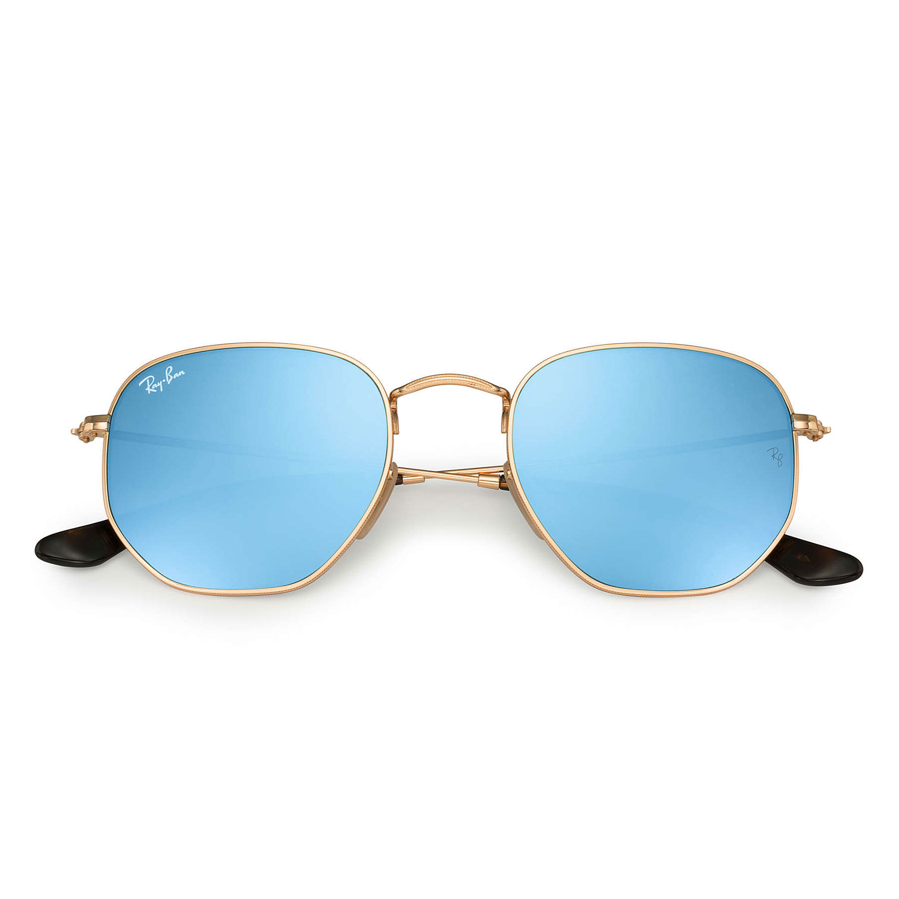 Ray Ban Rb3548n Hexagonal Flat Lenses Sunglasses Gold Light Blue Gradient Flash 8053672611724